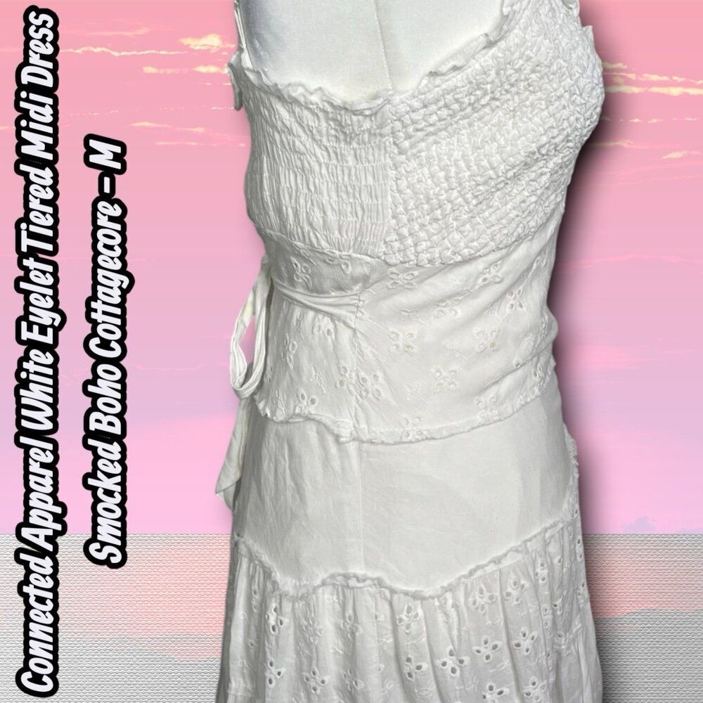 Like New Connected Apparel White Eyelet Tiered Midi Dress Smocked Boho Cottageco - Picture 4 of 9